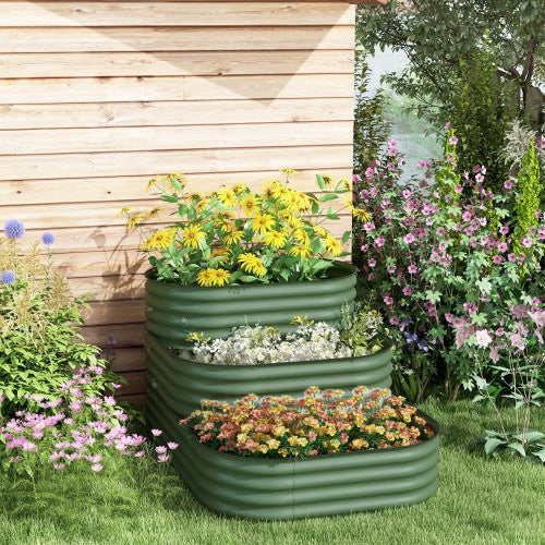 Outsunny 3-Tier Galvanized Steel Raised Garden Bed Kit, 62.25 X 43 X 32.25, 3 Combining Planter Boxes With Rubber Strip Edging, Open Bottom For Backyard, Garden, Patio, Green